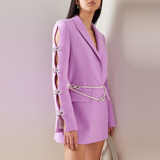 Dyed Fabric Dignified Sense of Design Sleeve Hollow Out Cutout Jeweled Bow Pearl Blazer Dress