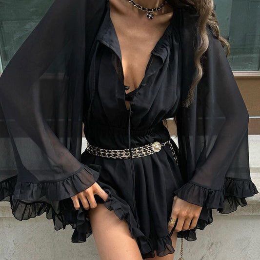 Mesh See through Long Sleeve Square Neck Lace up Black Dress Spring Summer Dress Fitted Waist Pleated A line Dress