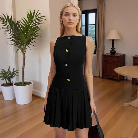 Spring Summer Simple Women Clothing Personalized Wide Hem Pleated Waist Tight Solid Color Sleeveless Short Dress