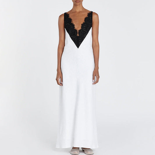 Stitching Design Lace Contrast Color Cami Dress Women Sexy Backless V neck Sleeveless Sheath Dress