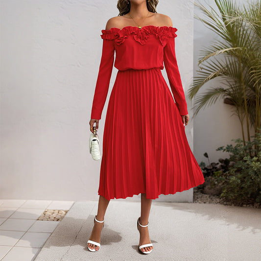 Dating Party Elegant Sweet off Shoulder Long Sleeve Solid Color Women Dress
