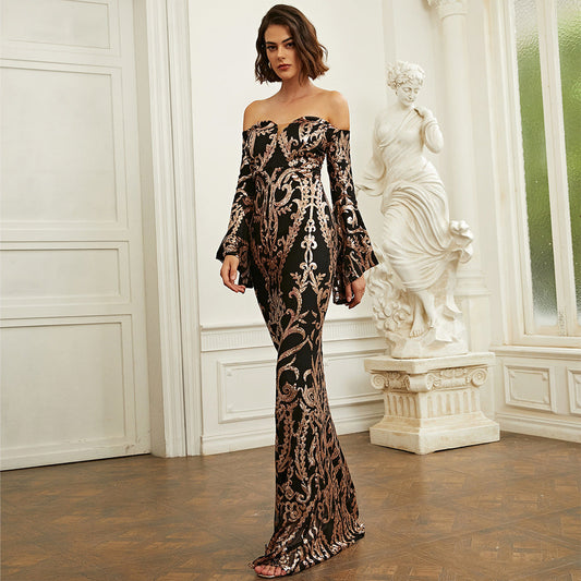 Long Sleeved Elegant Sexy Tight Long Sequined Slim Fit Off Neck Annual Party Evening Dress Women