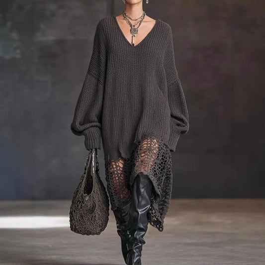 V neck Knitted Dress Irregular Asymmetric Hem Hollow Out Cutout out Loose Dress