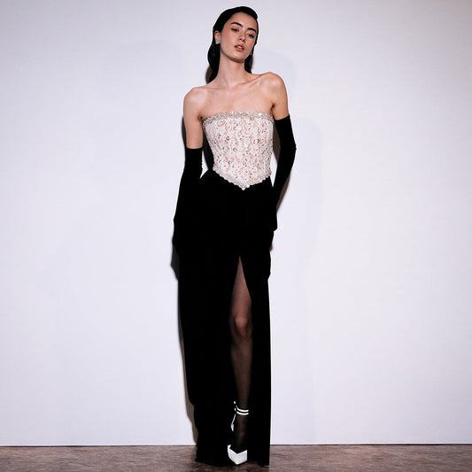 Sexy Women Lace Bead Strapless Dress High Elastic Split Long Dress