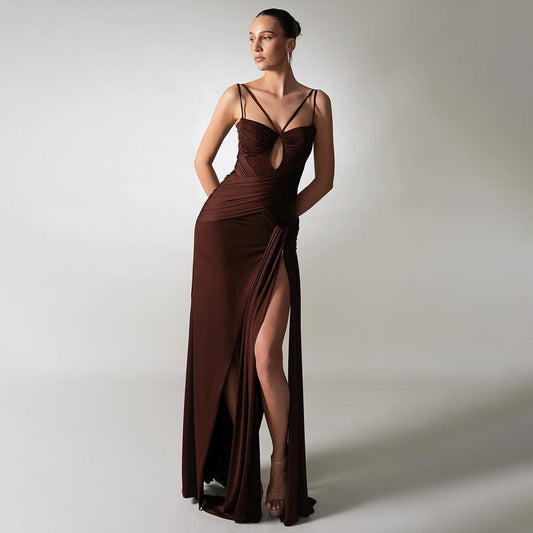 Dress Sexy Slim Fit Maxi Dress Backless Brown Pleating Ribbon Dress