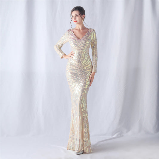 Positioning Floral Cutting Craft Magic Color Sequin Annual Meeting Wedding Long Sleeve Evening Dress