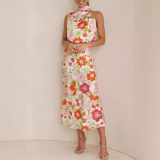 Mature Elegant Women Sleeveless Strap Printing Satin Dress