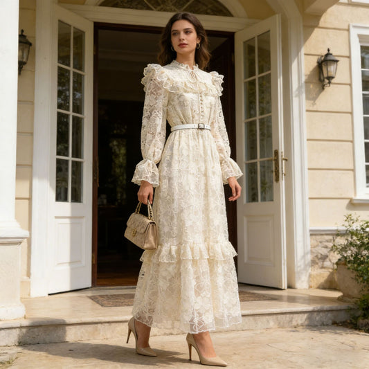 Summer Elegant Retro Lace Belt Lantern Sleeve Slim Slimming High Waist Dress Women