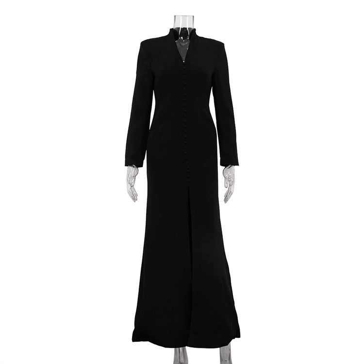 V neck Long Sleeve High Waist Split French Dress Women Party Long Dress