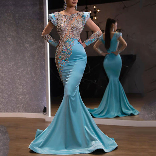Daily Light Blue Fishtail Banquet Long Alluvial Gold Series Slimming Annual Party Evening Dress Women