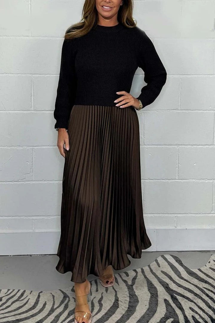 New Autumn Winter Women round Neck Top Sunken Stripe Pleated Dress