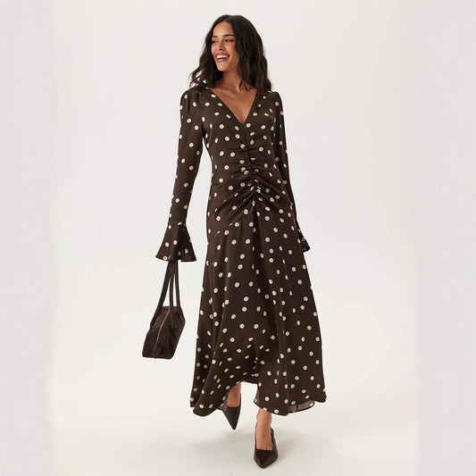 Polka Dot Long Sleeve Dress Summer Women Pleating V neck Flared Sleeves Waist Dress