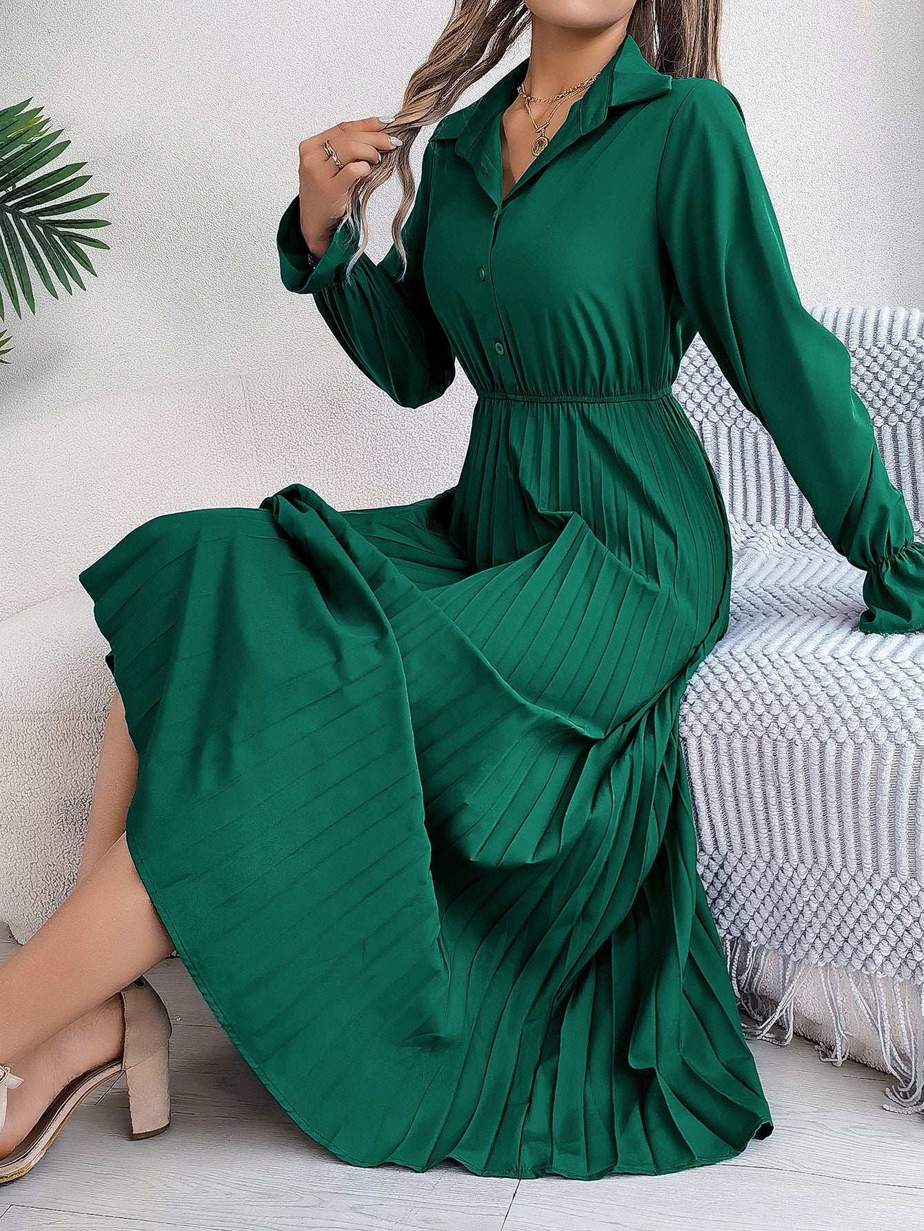 Autumn Winter Casual Collared Button Long Sleeve Cinched Pleated Maxi Dress Women Clothing