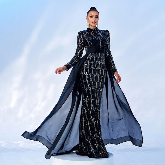 Long Sleeve round Neck Long Sequined Cocktail Cape Fishtail Evening Dress Bridesmaid Dress Women