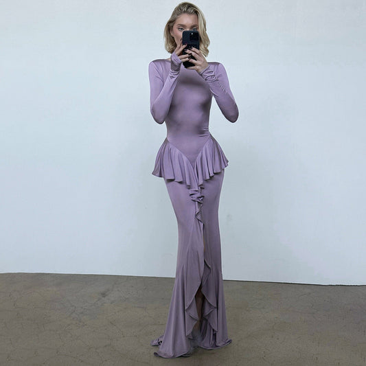 Spring Summer Sexy Backless Women Dress Elegant Ruffles Slit Slim Fitting Dress