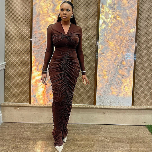 Women Clothing Pleated Slim Fit Elegant V neck Hip Dress Long Sleeve Solid Color Street Step Dress