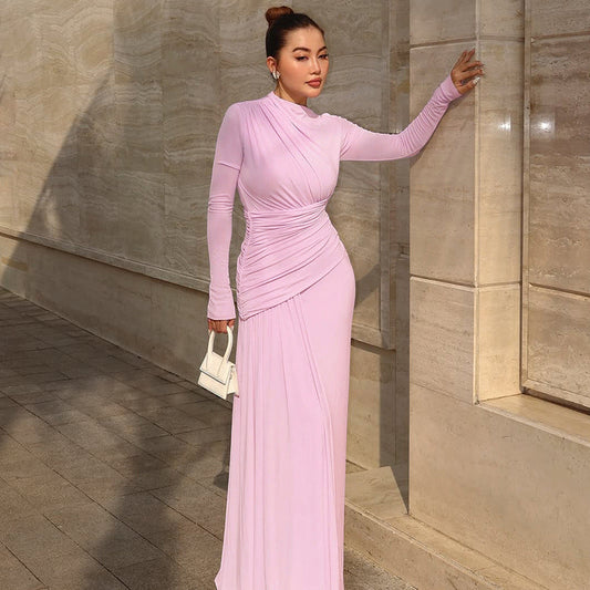 Women Clothing Summer Elegant Slim Pleated Zipper round Neck Long Sleeved Dress