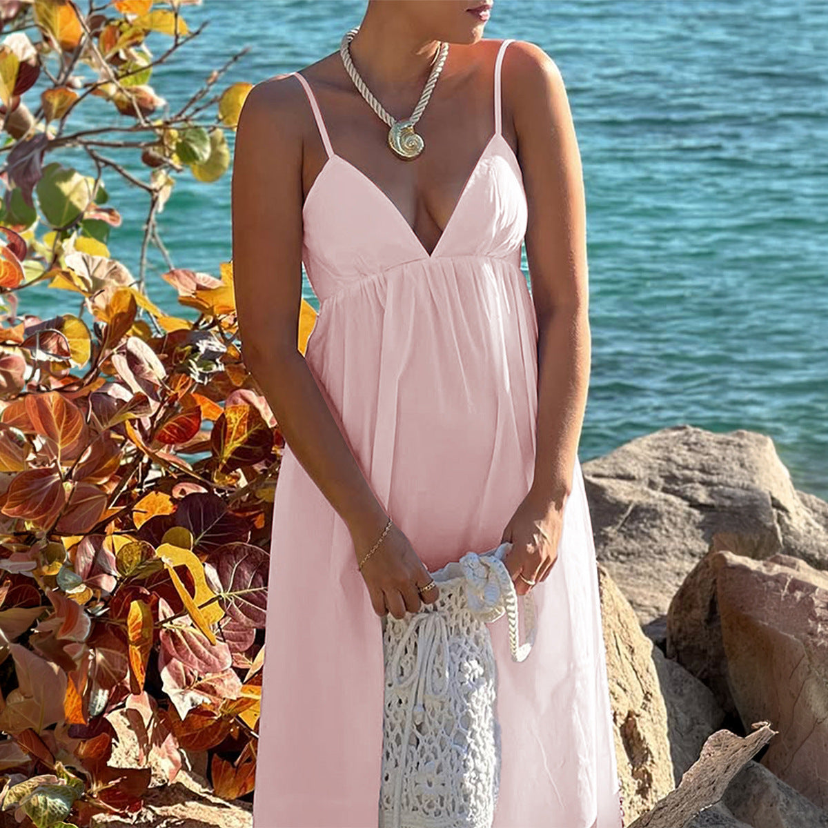 Women Clothing Summer Casual Vacation Sling Deep V Plunge High Waist Loose Dress