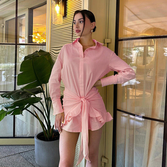 Full Support Ruffled Lace up Casual Elegant Solid Color Long Sleeve Shirt Dress