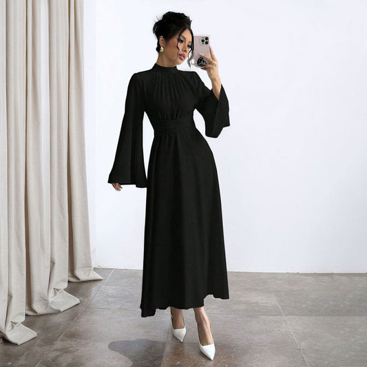 Black Stand up Collar Waist Maxi Dress Women Autumn Winter Long Sleeve Retro Large Bell Sleeve Solid Color Dress