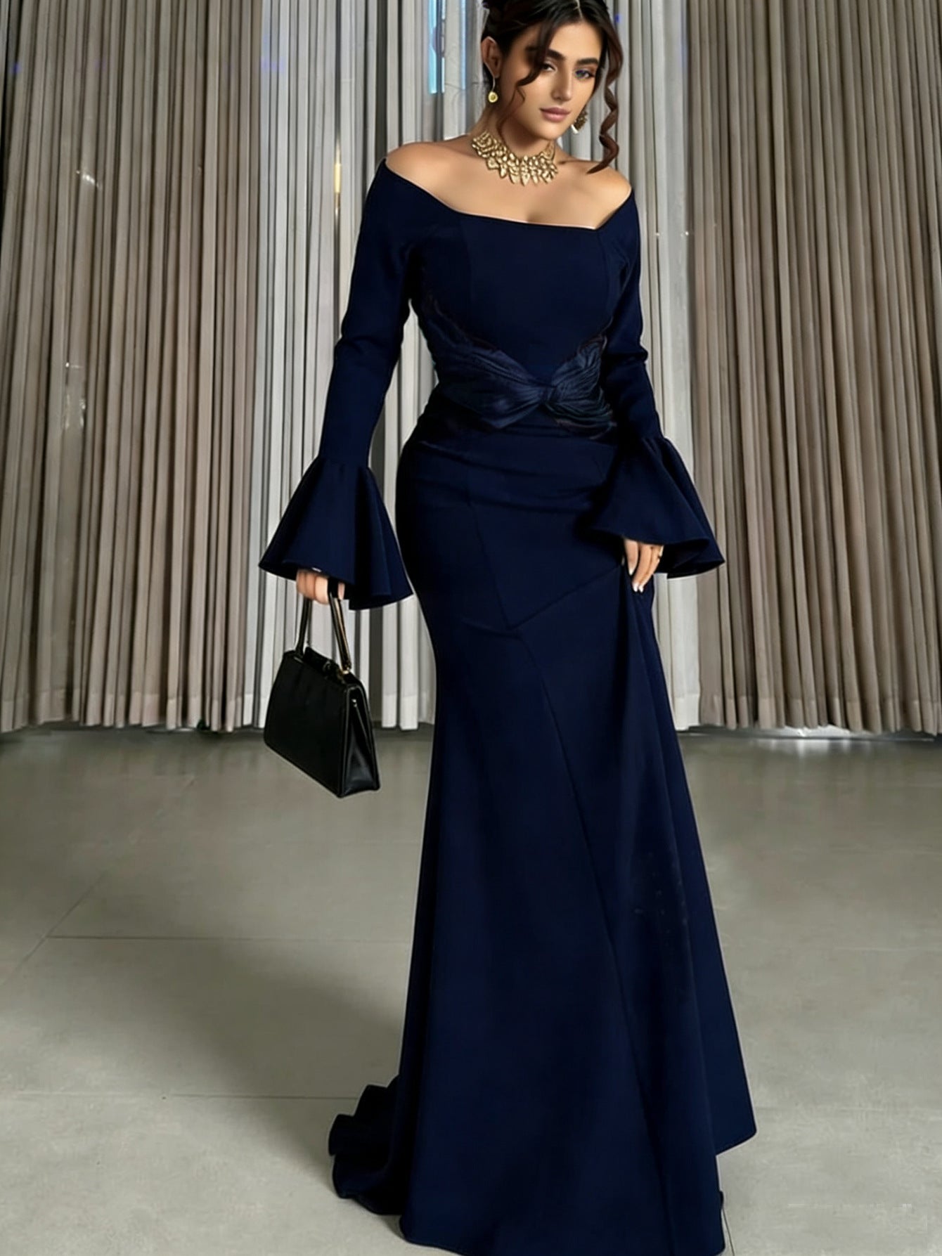 Women Clothes Long Sleeve off Shoulder Stitching Ruffle Slim Dress