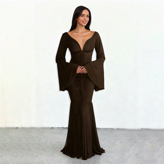 Elegant Deep V Plunge neck Pleated Mesh Patchwork Flared Sleeves Cocktail Dress Mop Formal Dress