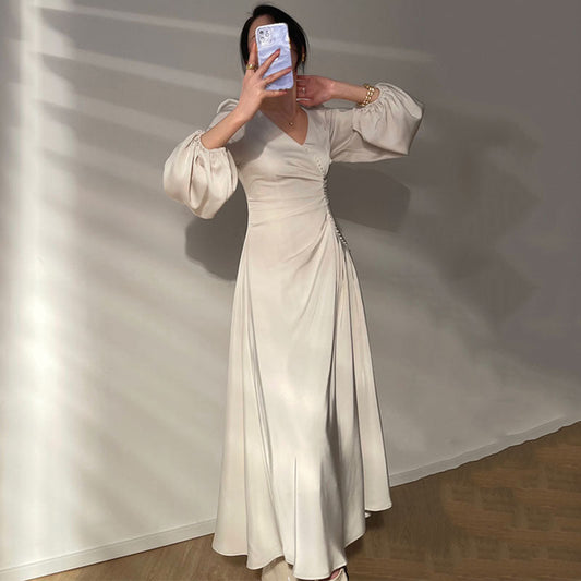 French Retro Lantern Sleeve V Neck Sexy Beaded Waist Slimming Glossy Satin Dress Women