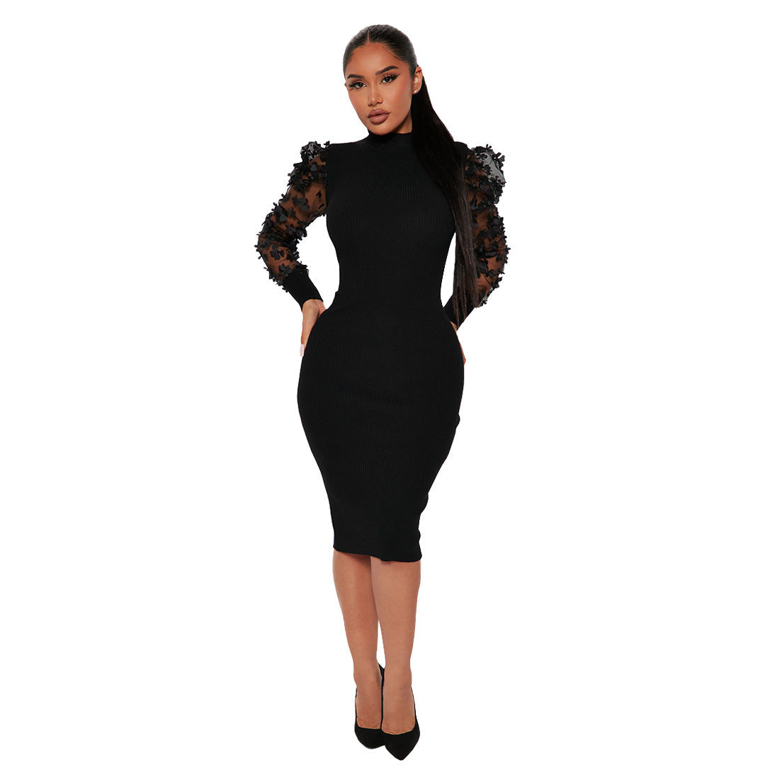 Women Clothing Three Dimensional Petals Mesh Sleeves Rib Fabric One Piece Collar Dress