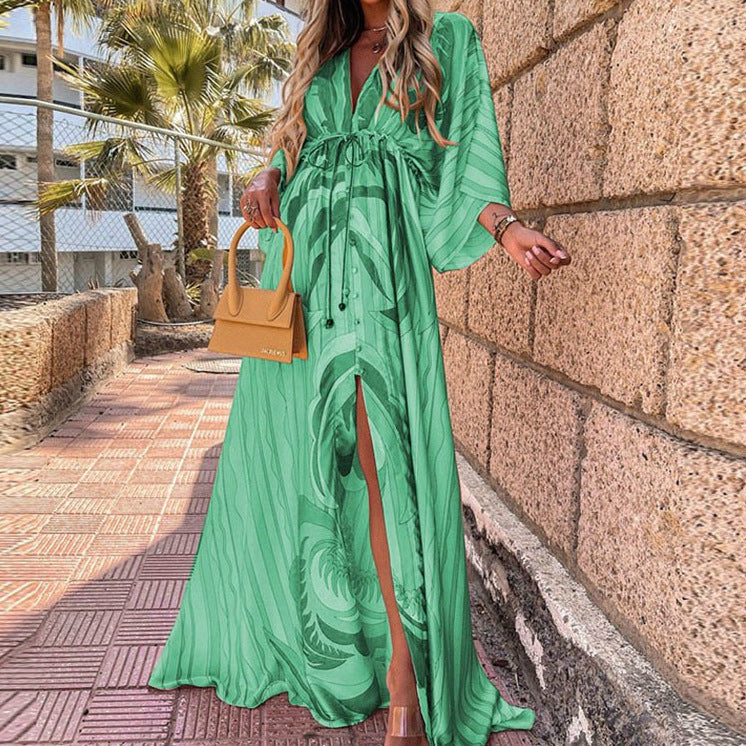 Women Clothing Spring Summer Casual Vacation V neck Printed Dress