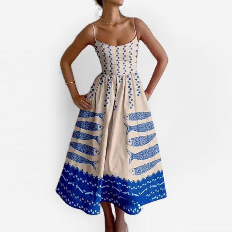 Spring Women Clothing Printing Pleated Waist Tight Large Swing Sling Dress