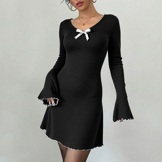Elegant Hepburn Knitted Black White Contrast Color Bell Sleeve Slim Fit A line Long Sleeve Dress