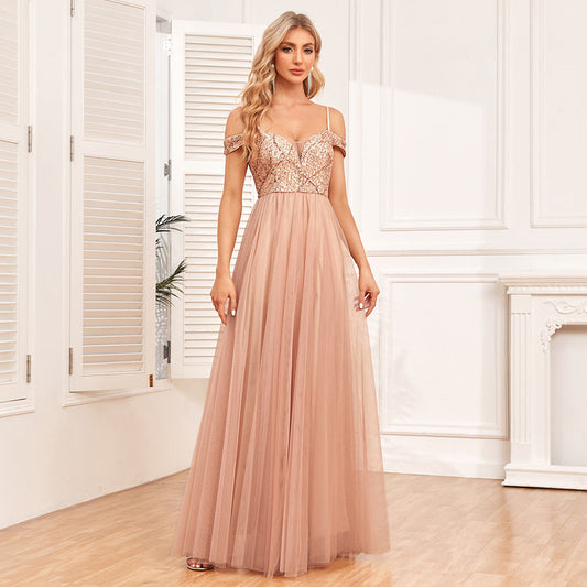 Off The Shoulder Sling Double V neck Sequ Embroidery Stitching Party Dress Elegant A Swing Tulle Dress