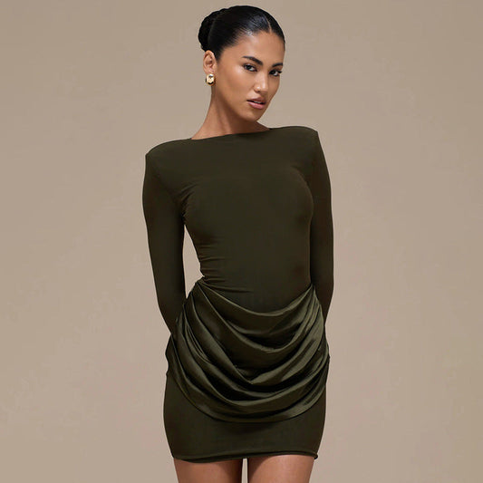 Women Clothing Autumn Winter Solid Color Elegant Casual Slim Fit round Neck Long Sleeves Pleated Short Dress