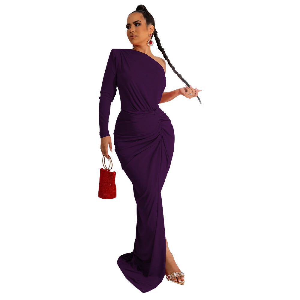 Women Clothing Autumn Oblique Shoulder Pleated Solid Color Dress Maxi Dress
