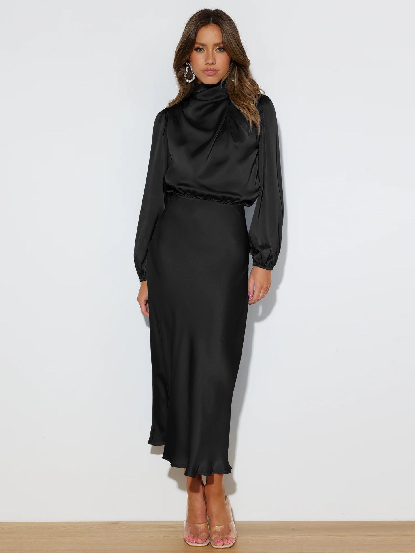 Autumn High Grade Satin Long Sleeve Loose Dress Elegant Women Evening Dress