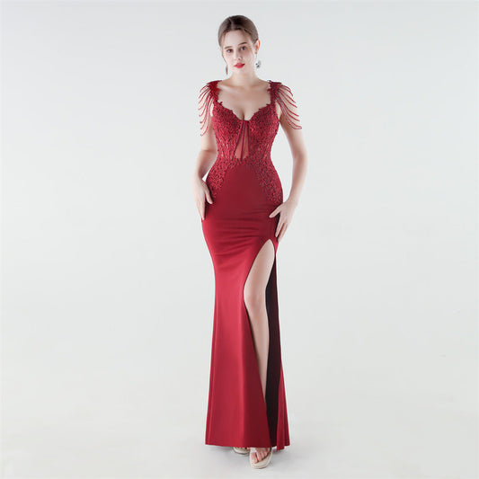 Heavy Industry Boning Corset Waist Binding Rhinestone Floral Evening Dress