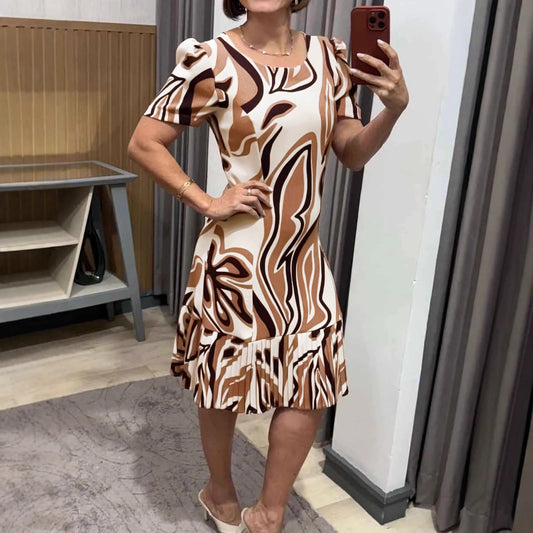 Women Casual Elegant round Neck Short Sleeve A line Pleated Dress