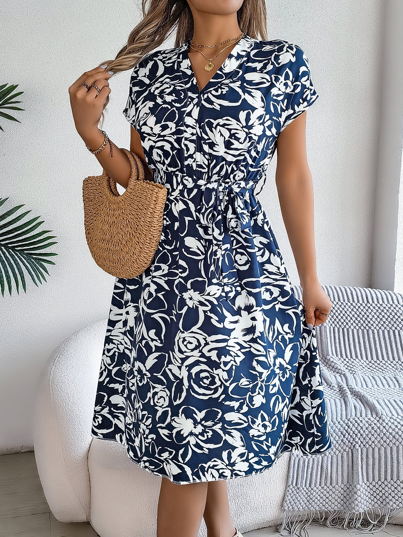 Spring Summer Casual V neck Buttons Batwing Sleeve Floral Swing Dress Women Clothing