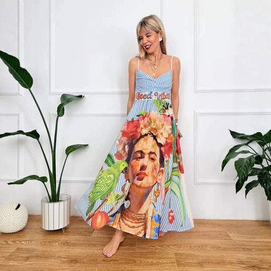 Dress Positioning Printed V neck A Swing Strap Dress for Women
