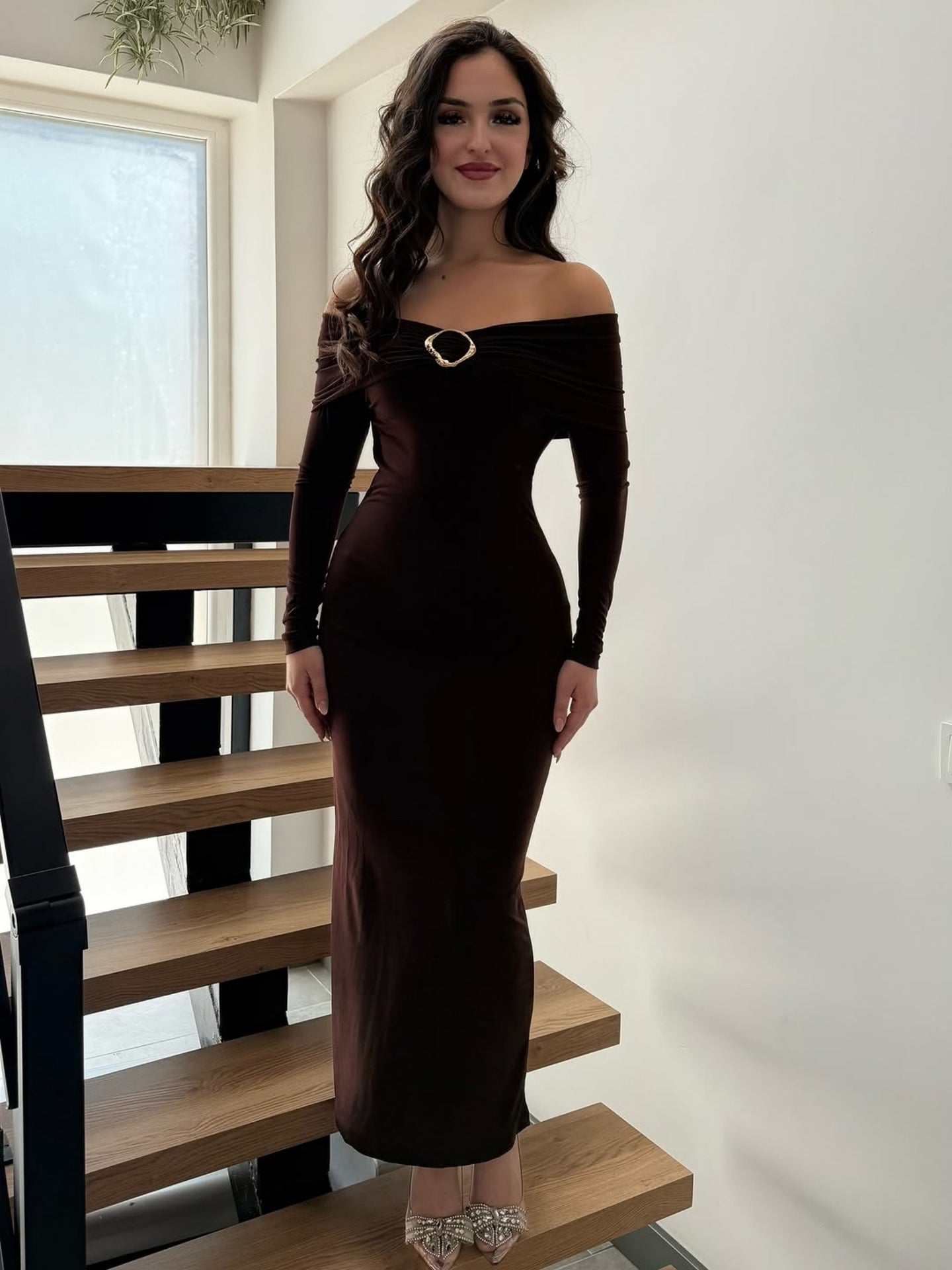 Women Clothing Fall Sexy Tube Top off Neck Solid Color Midi Dress