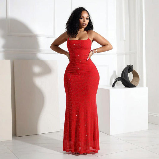 Sexy Sling Rhinestone Polyester Net Dress Sheath Dress Women