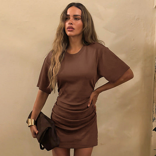 Women Clothing Spring Summer Solid Color round Neck Waist Sheath Pleated Dress