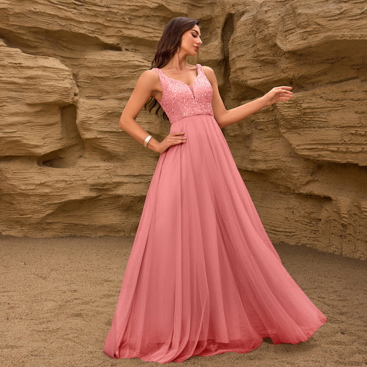 Elegant Sequin Stitching Mesh Double Collar Party Dress Sleeveless Large a Hem Full Lining Maxi Dress Prom