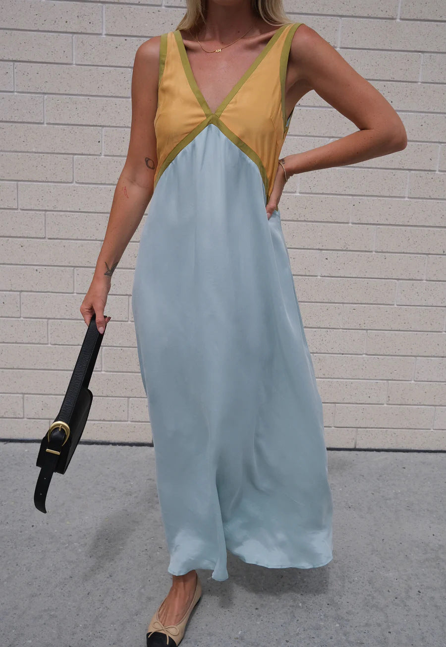 Fashionable V Neck Sleeveless Color Matching Cuprammonuium Large Swing Dress Spring Summer