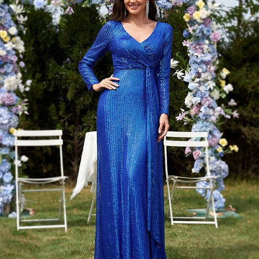Multi Color Long Sleeve V neck Fishtail Cocktail Evening Dress Women