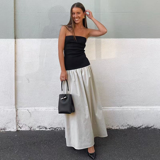 Women Clothing Summer Wrapped Chest Sexy Slimming Beam Waist Pleated A line Dress