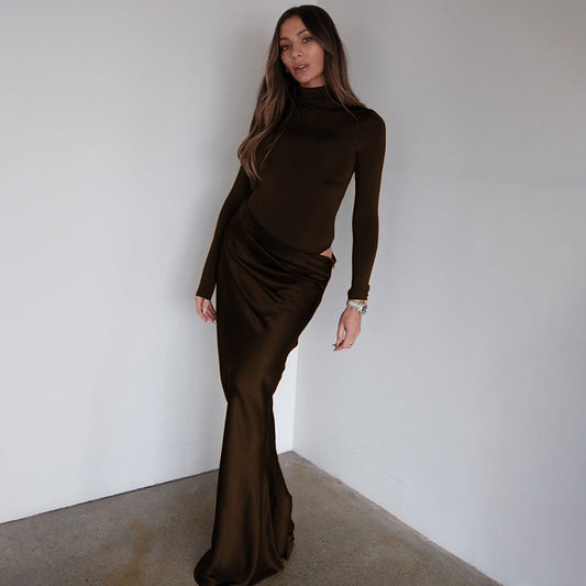Summer Half High Collar Long Sleeves Dress Sexy Slim Fit Faux Two Piece Solid Color Dress