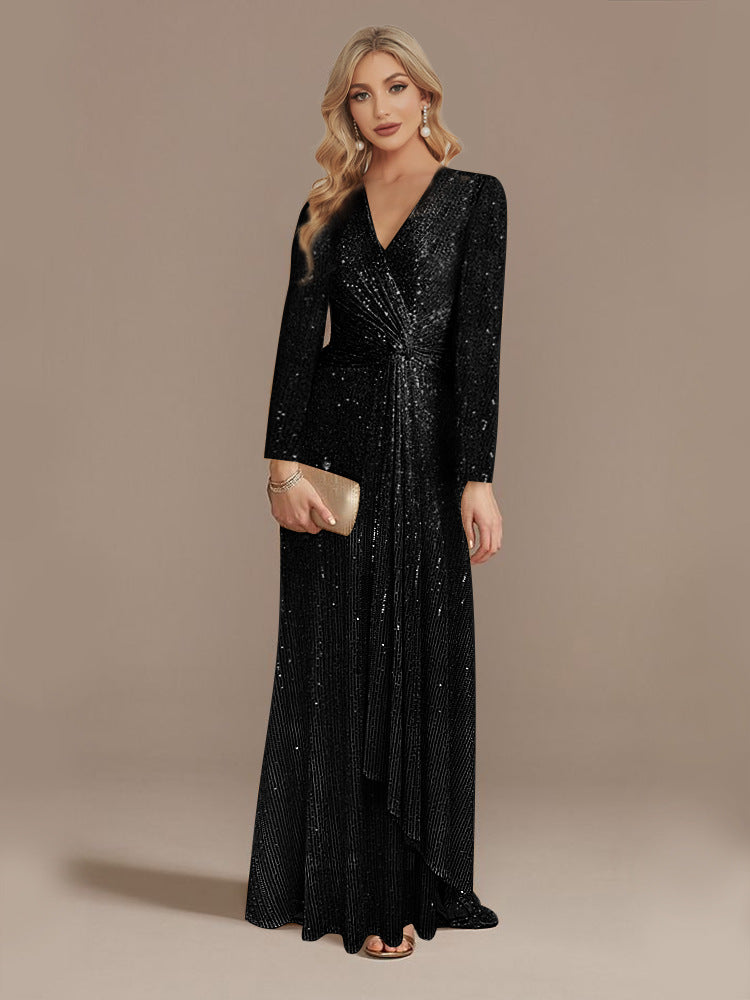Multi Color Long Sleeve V neck Fishtail Cocktail Evening Dress Women