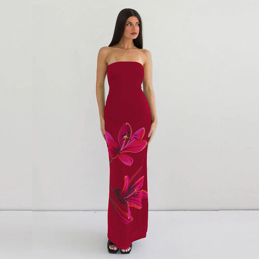 Women Clothing Summer Personalized Printed off Neck Tube Top Backless Tied Dress