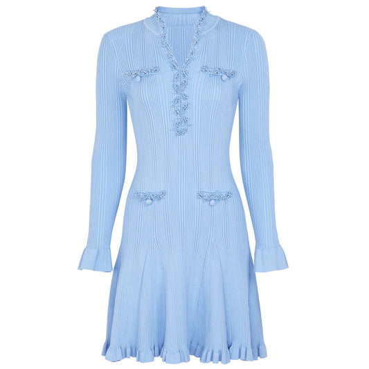 Spring Autumn Fashionable Knitted Heavy Industry Beaded Slim Fit Slimming Long Sleeves Dress